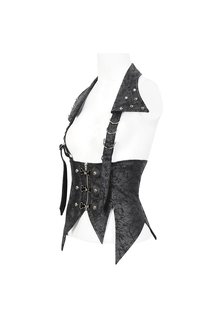 Black Irregular Lace Up Women's Gothic Vest With Detachable Collar