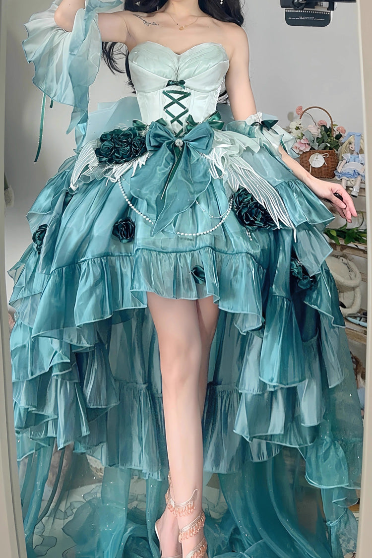 Bernsteingrün [Swan Wonderland] Stickerei Bowknot Schnürung Kurze Vorderseite Lange Rückseite Unregelmäßiges süßes Ballett Lolita Jsk Kleid