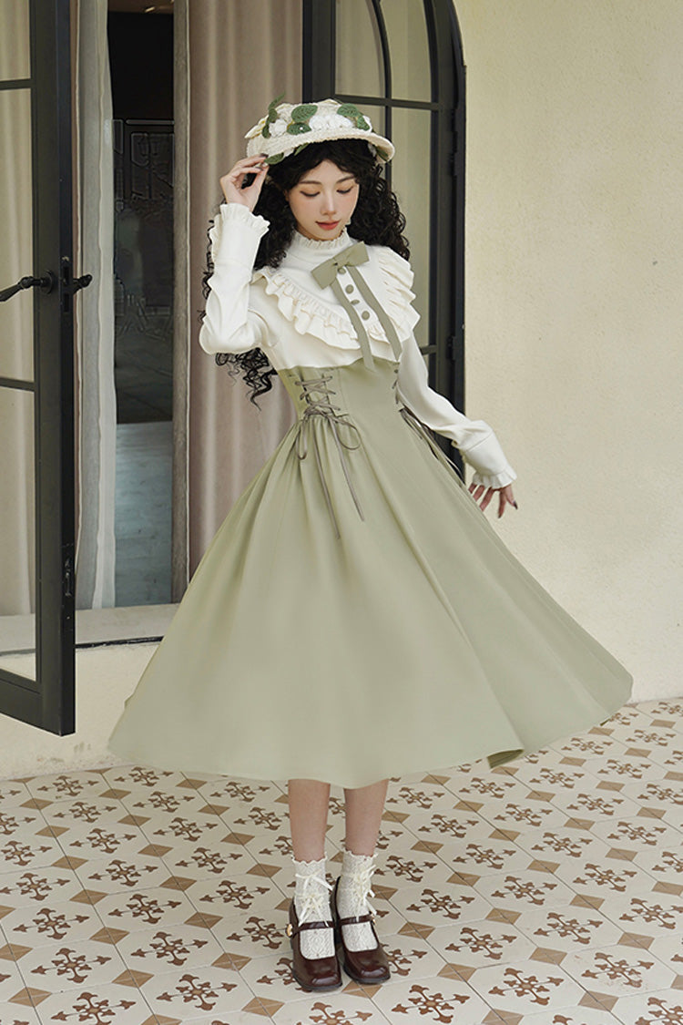 White/Green [Wind Garden] Stand Collar Ruffle Lace-Up Color Matching Fake Two Pieces Classic Vintage Lolita Dress