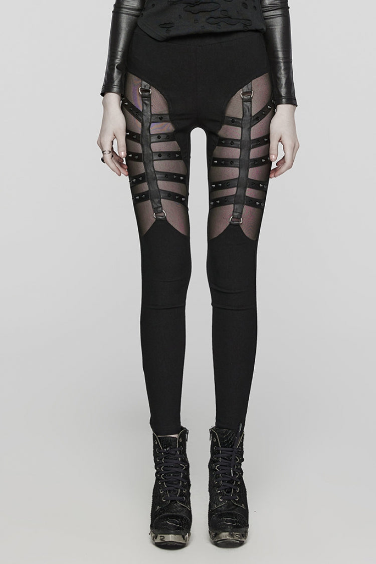 Schwarze Steampunk-Leggings mit hohlem Schnürnetz und Metallnieten für Damen
