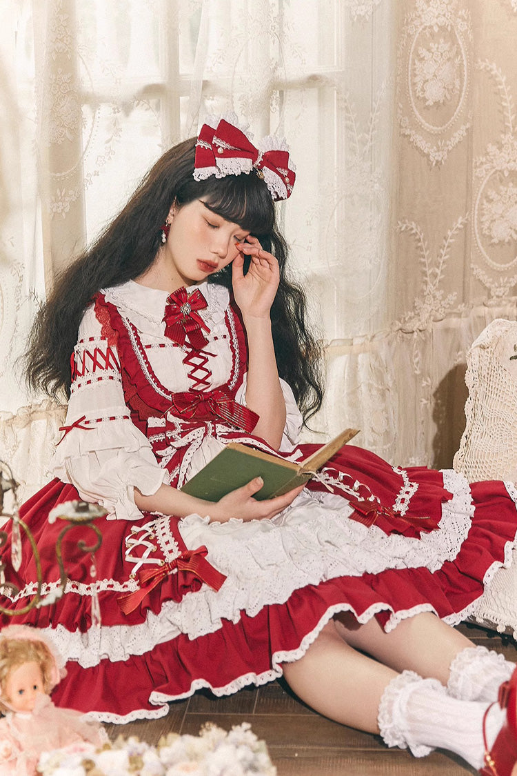 Red/White [Tina's Gift] Sleeveless Multi-Layered Ruffle Cardigan Bowknot Lace Sweet Lolita Jsk Dress