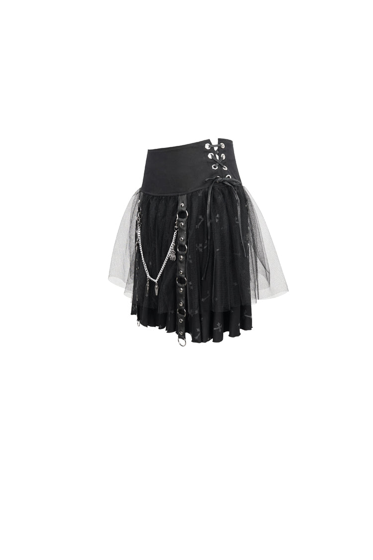 Black Cross Print Side Waist Straps Detachable Metal Chain Women's Punk Skirt