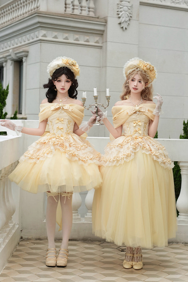 Yellow [Sissi's Pilgrimage] Off Shoulder Ruffle Bowknot Lace Sweet Lolita Skirt (Short Version)