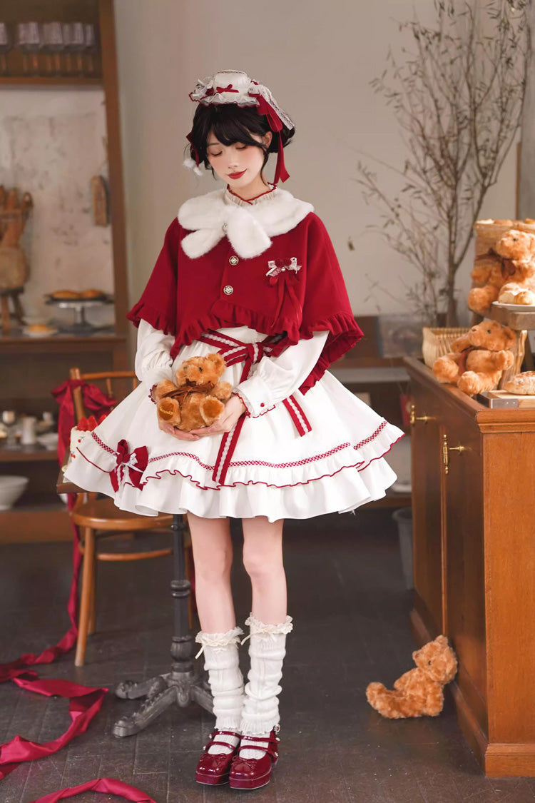 Red/White [Red Vow] Stand Collar Long Sleeves Multi-Layered Ruffled Bow Sweet Lolita Dress