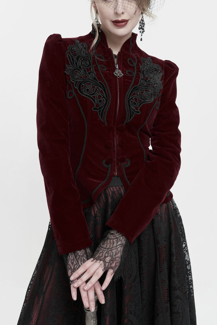 Red Stand Collar Velvet Applique On Chest Pendant Zipper Long Sleeve Women's Gothic Jacket