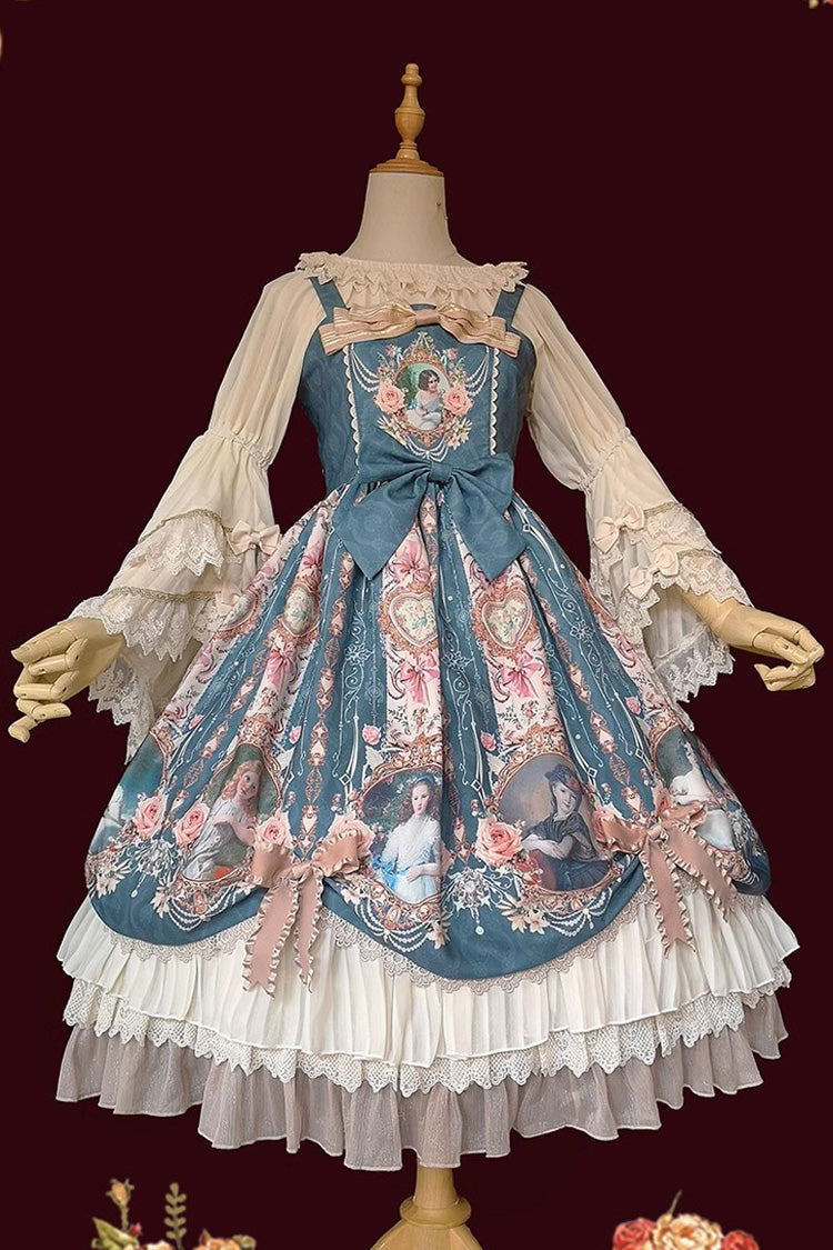[Portrait of A Little Lady] Print Ruffle Bowknot Lace Classic Vintage Elegant Lolita Jsk Dress 3 Colors