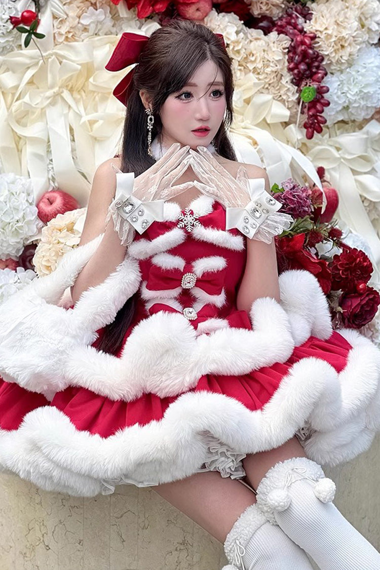 Red [Holiday] Double-Layered Bowknot Sweet Princess Lolita Strapless Dress