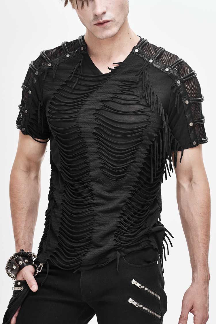Black Tattered Striped Shoulder Splice Mesh Short Sleeve Men's Punk T-Shirt