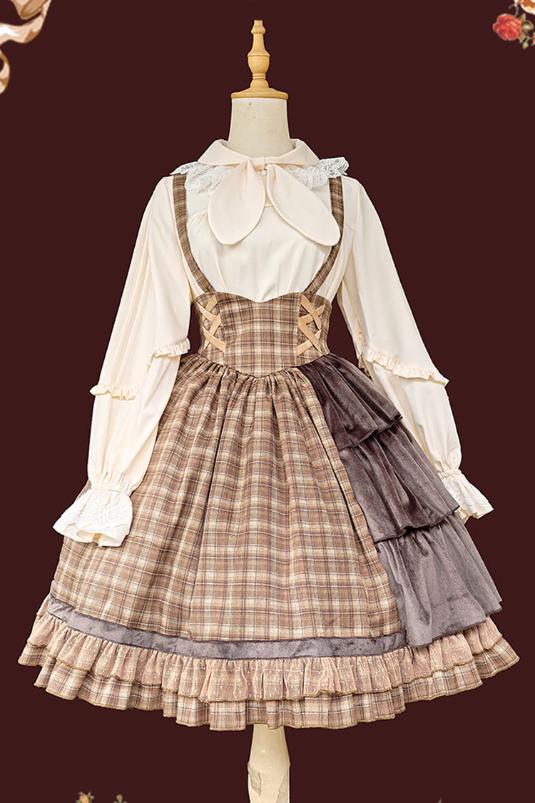 Brown [Morning Tune] Sleeveless High Waisted Print Ruffle Asymmetric Sweet Lolita Strap Dress