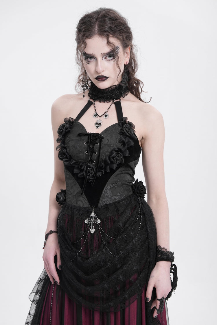 ブラックハルターネックノースリーブ刺繍ステッチローズハートレース女性用ゴシックブラウス 
