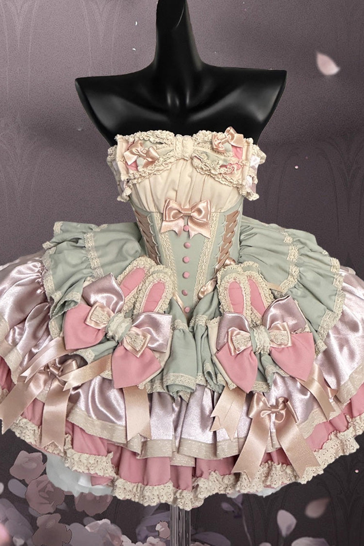 [Ribbon Dance] Multi-Layered Ruffle Bowknot Lace-Up Sweet Princess Lolita Dress 3 Colors