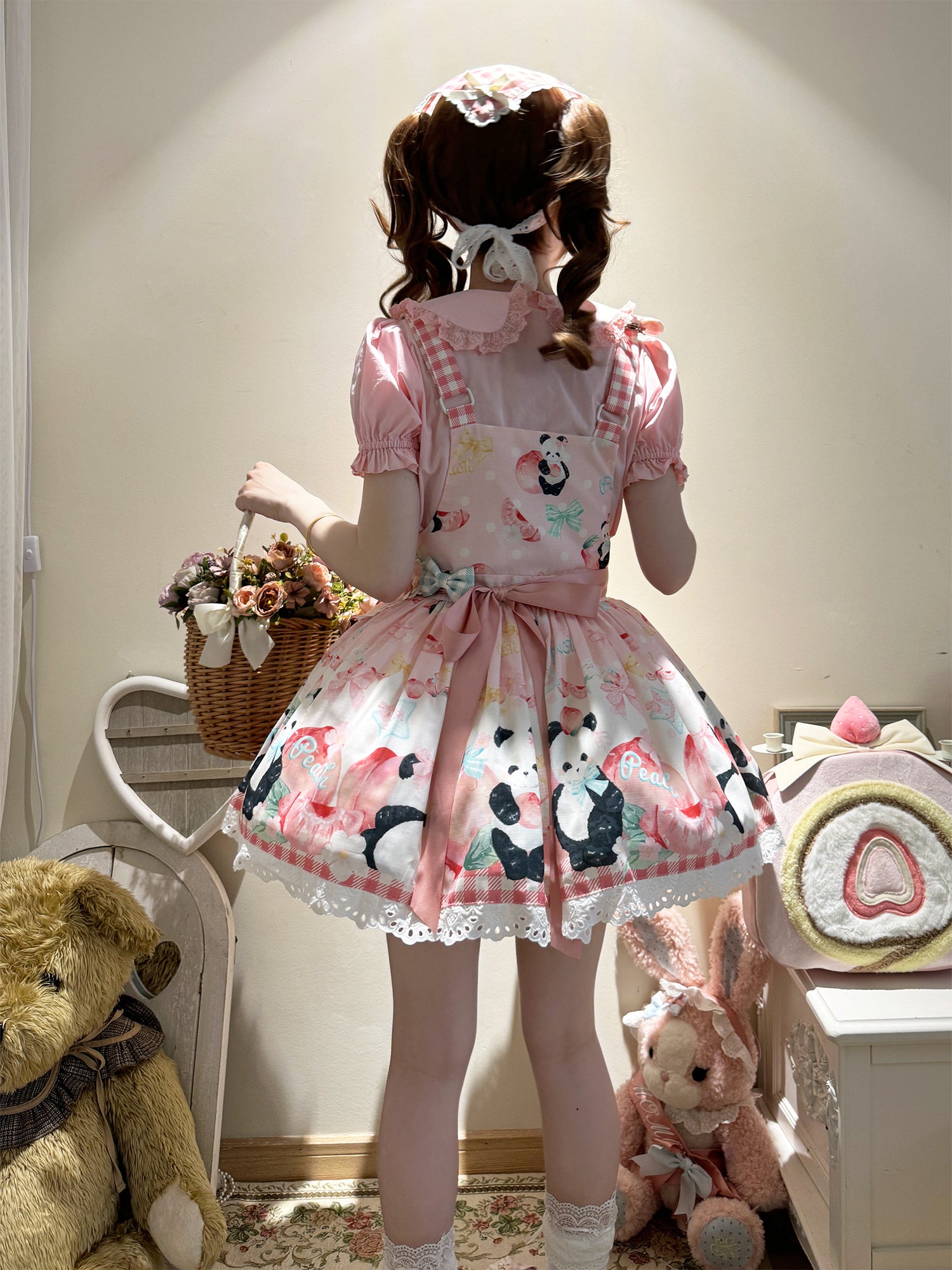 Panda Peach Print Bowknot Sweet Lolita Strap Dress 3 Colors