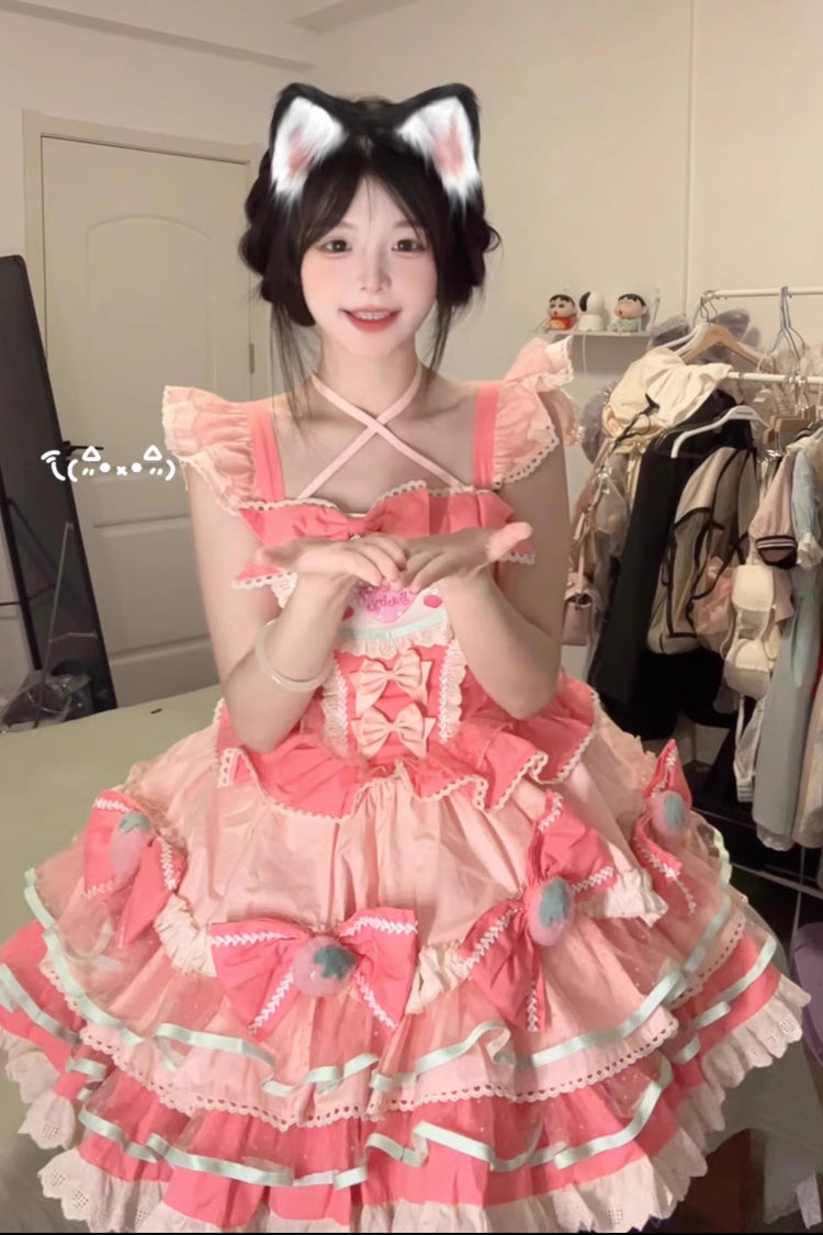 Pink Multi-Layered [Cream Strawberries] Print Ruffle Bowknot Sweet Lolita Tiered Dress