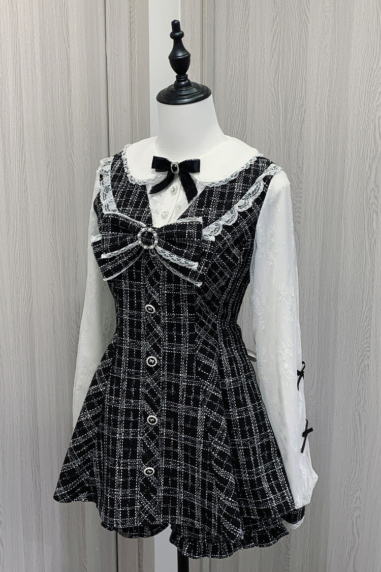Schwarz/Weiß [Love Sonata] Langarm Rüsche Schleifenknoten Spitze Jirai Kei Japanisches Kleid Set 