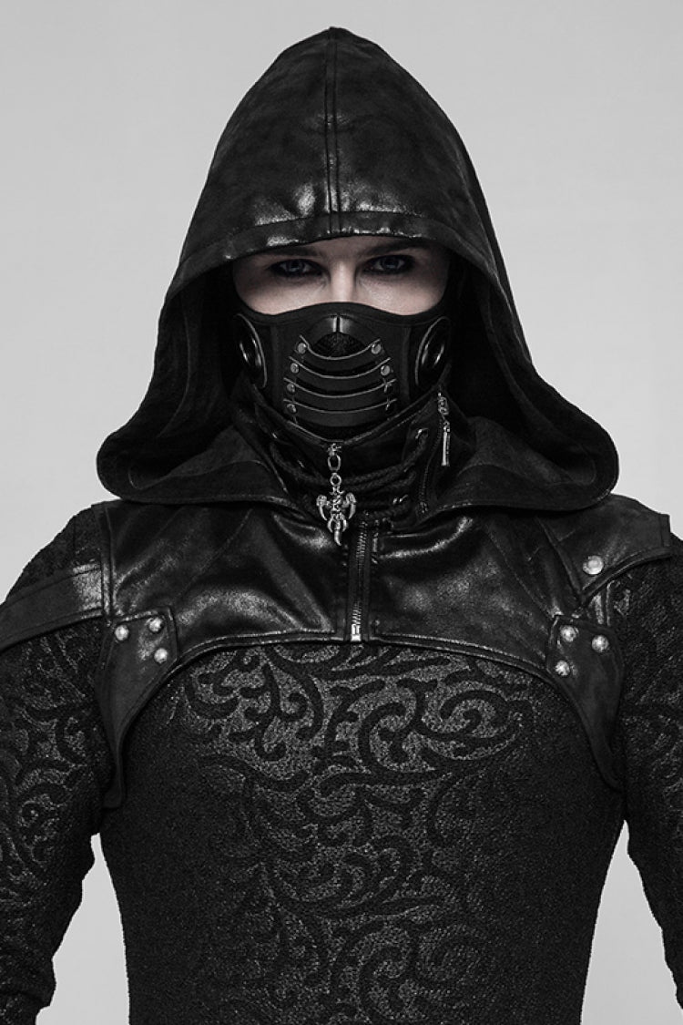 Black Metal Buckle Lace-Up Hooded Men's Steampunk Cape