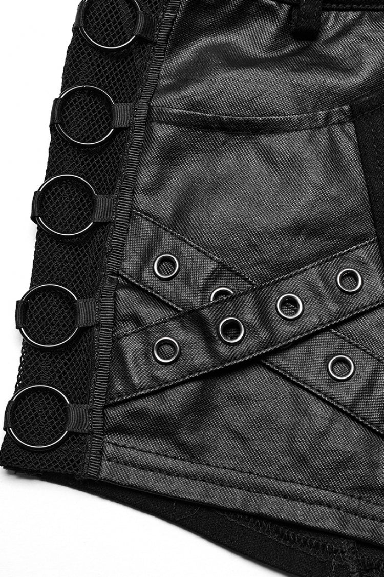 Black Faux Leather Stitching Mesh Eyelet Women's Punk Ring Shorts