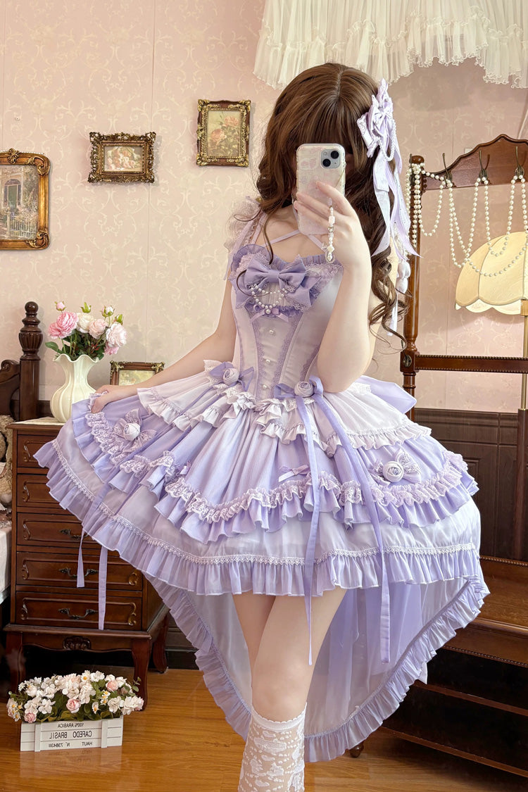 Purple [Peach Mist Melody] Square Collar Flutter Sleeves Ombre Multi-Layered Open-Front Bow Lace Pearl Detail Sweet Lolita Dress