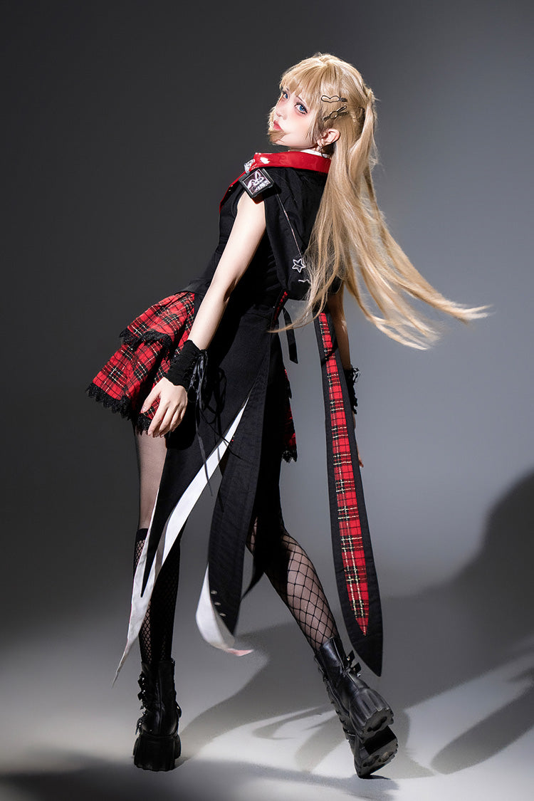 Noir/Rouge [Rock Bunny] Ensemble de Jupe Lolita Punk Sans Manches à Capuche à Double Couche avec Broderie 