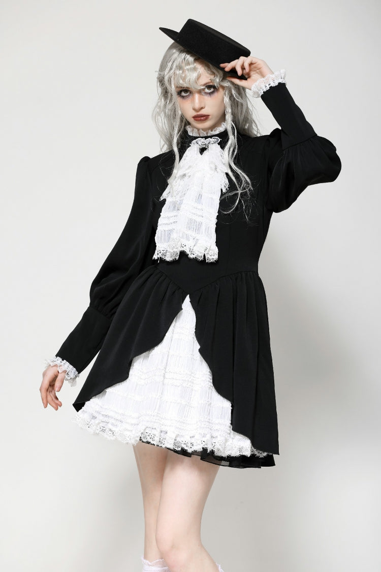 블랙/화이트 주름 레이스 스탠드 칼라 Jabot 긴 퍼프 소매 여성 고딕 드레스