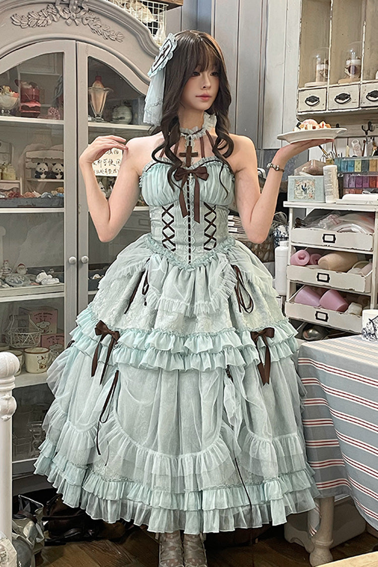 Mint Green Cross Halterneck Ruffle Bowknot Lace Lace-Up Princess Sweet Lolita Dress