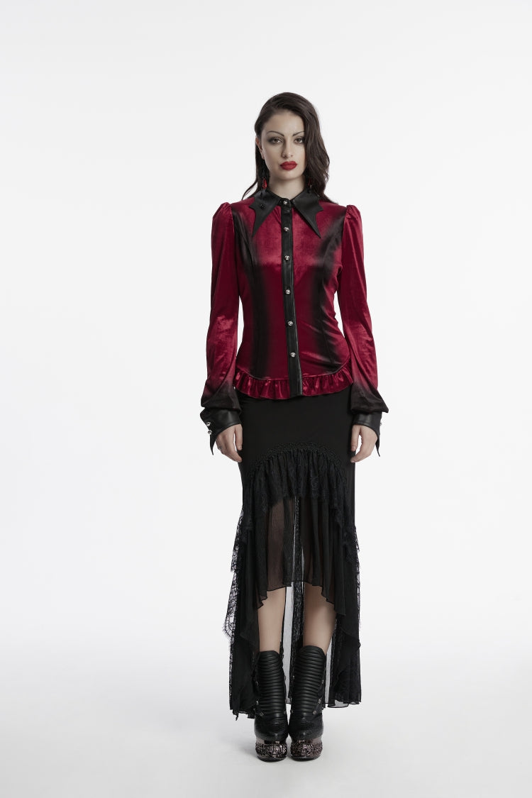 Roter Reverskragen, lange Ärmel, Schnürung, schmale Damen-Bluse aus Samt mit Farbverlauf im Gothic-Stil
