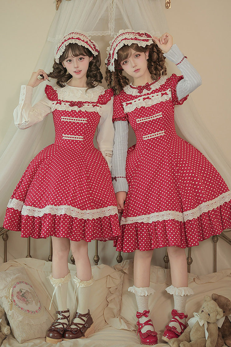 Red [Showa Memoir] Polka Dots Printed Ruffled Bow Sweet Lolita Dress