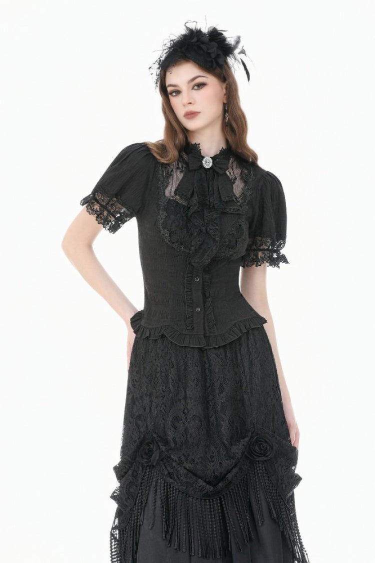 Black Stand Collar Short Puff Sleeves Sheer Lace Lace-Up Women's Gothic Blouse with Detachable Bowknot
