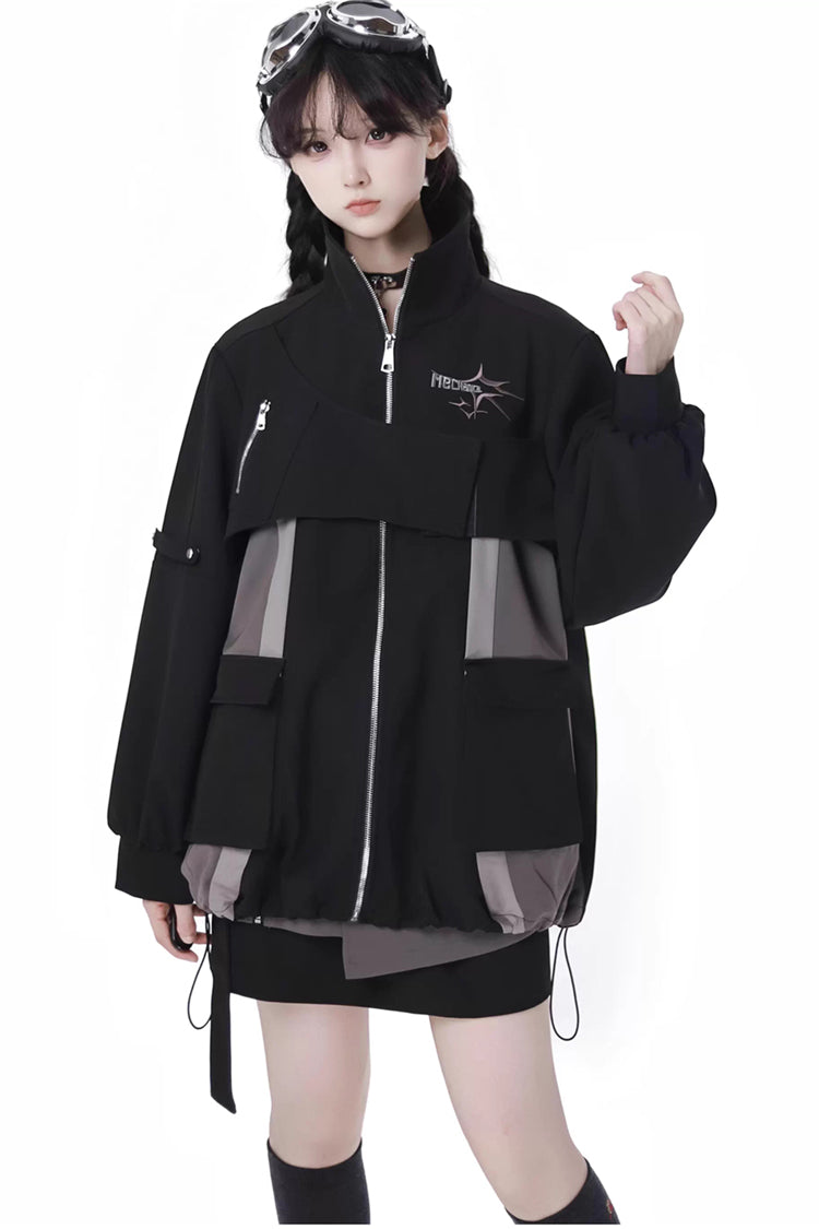 Black [Holographic Cruise] Techwear Long Sleeves Spliced Zippered Gothic Jirai Kei Skirt and Coat Set