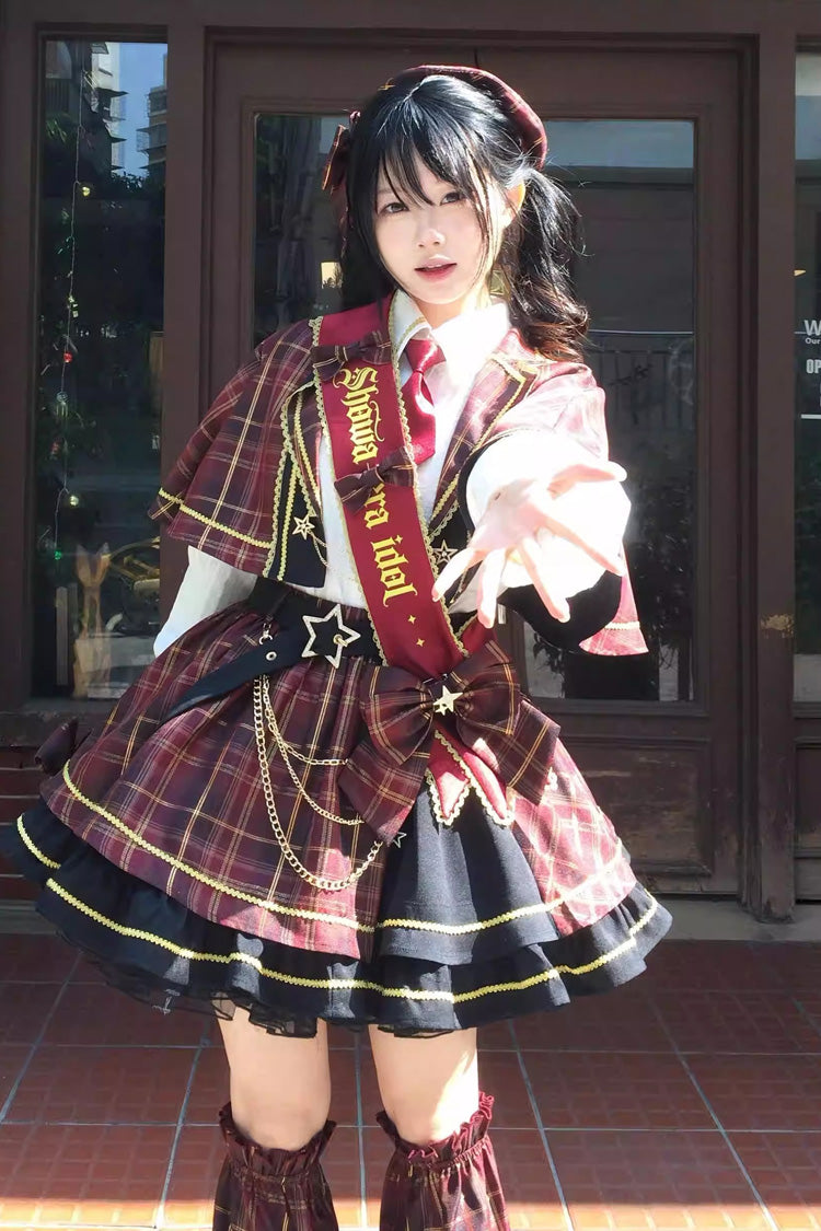 レッド【昭和リトルアイドル】ラペル襟長袖フリル前開きリボンアシンメトリークラシックロリータスカートセット