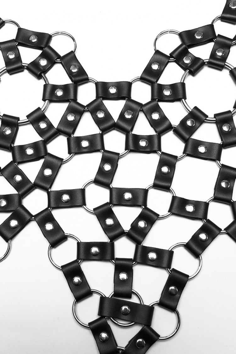Black Faux Leather Stitching Cutout Ring Women's Punk Crop Top