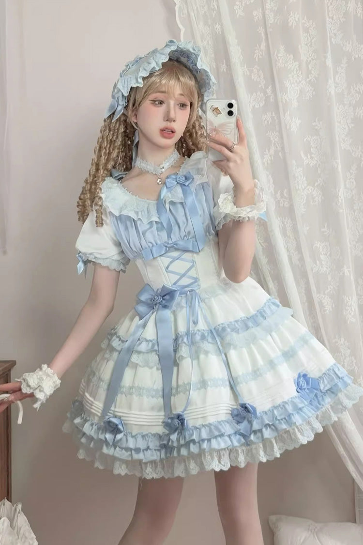 Robe Sweet Lolita à manches courtes avec nœud en dentelle et volants, couleur blanc/bleu [glace au sel de mer en couches] 