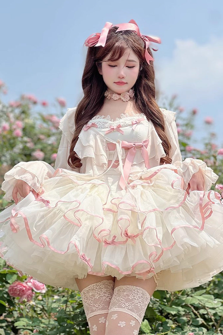 Pink/Beige Ballerina Style Bowknot Slim Fluffy Princess Sweet Lolita Tiered Dress