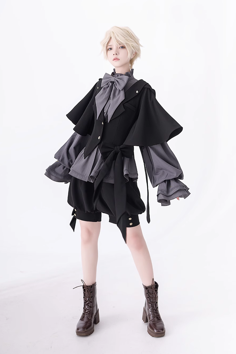 黒レトロかわいいクール王子ファッションロリータフード付きジャケット