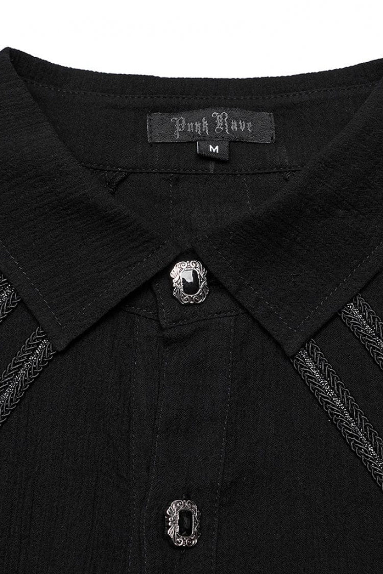 Black Lapel Collar Long Sleeves Metal Buttons Webbing Decoration Mens Gothic Blouse