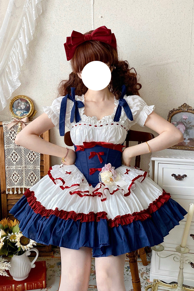 Rot/Weiß/Blau [Märchen-Ouvertüre] Süßes Lolita-Ballettkleid mit dreilagigem Rüschen-Schleifen-Fischgrätenmuster