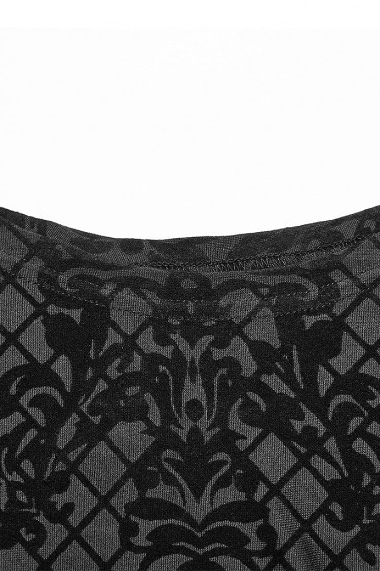 Black High Collar Long Sleeves Flocking Print Mens Gothic T-Shirt