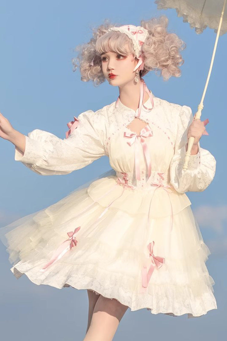 [Love Song] Long Sleeves Multi-Layered Jacquard Ruffle Bowknot Sweet Gothic Lolita Dress 3 Colors