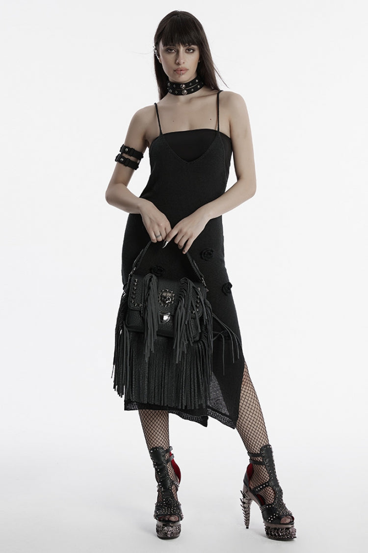 Black Studded Tassels Rivet Straps Faux Leather Women's Gothic Bag