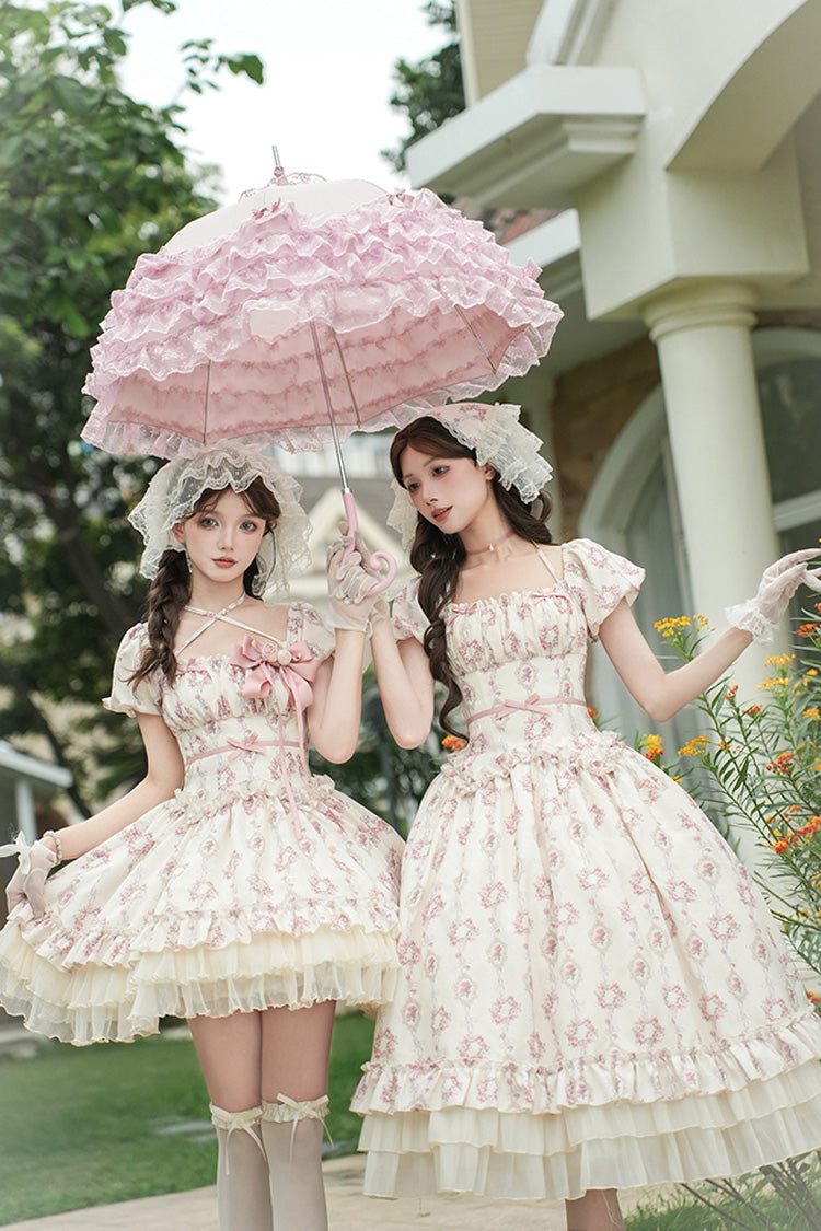 Robe courte Lolita douce à manches courtes ivoire [Rose après la pluie] à imprimé triple couche avec nœud à volants et lacets 