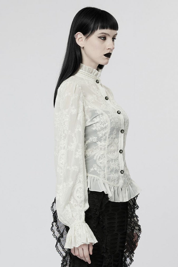 Stand Collar Long Puff Sleeves Embroidery Womens Gothic Blouse 2 Colors