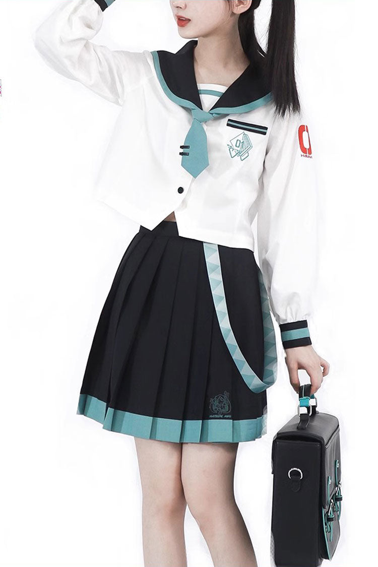 Black/White Long Sleeves College Style Sailor Japanese School Pleated Skirt