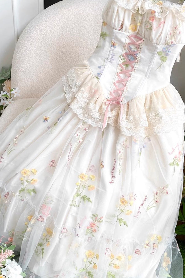 Off White Spring Bouquets Romantic Ruffle Embroidery Bowknot Mesh Sweet Lolita Jsk Dress