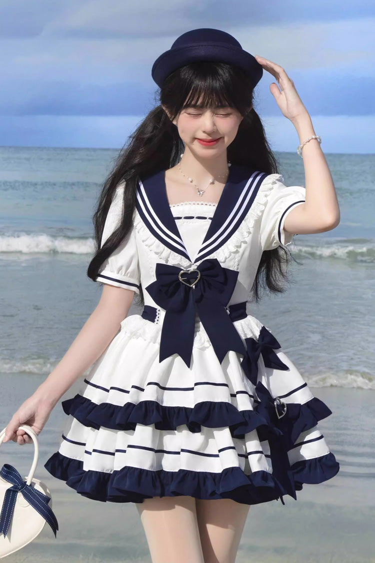 Dark Blue Navy Style Short Sleeves Double Layer Ruffle Bowknot Lace Sweet Lolita Dress