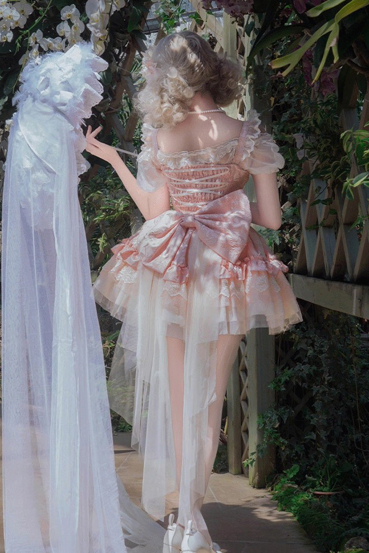 Pink [Fleeting Light and Shallow Dream] Sleeveless Multi-Layered Ruffle Bowknot Lace Slim Sweet Ballet Lolita Jsk Dress