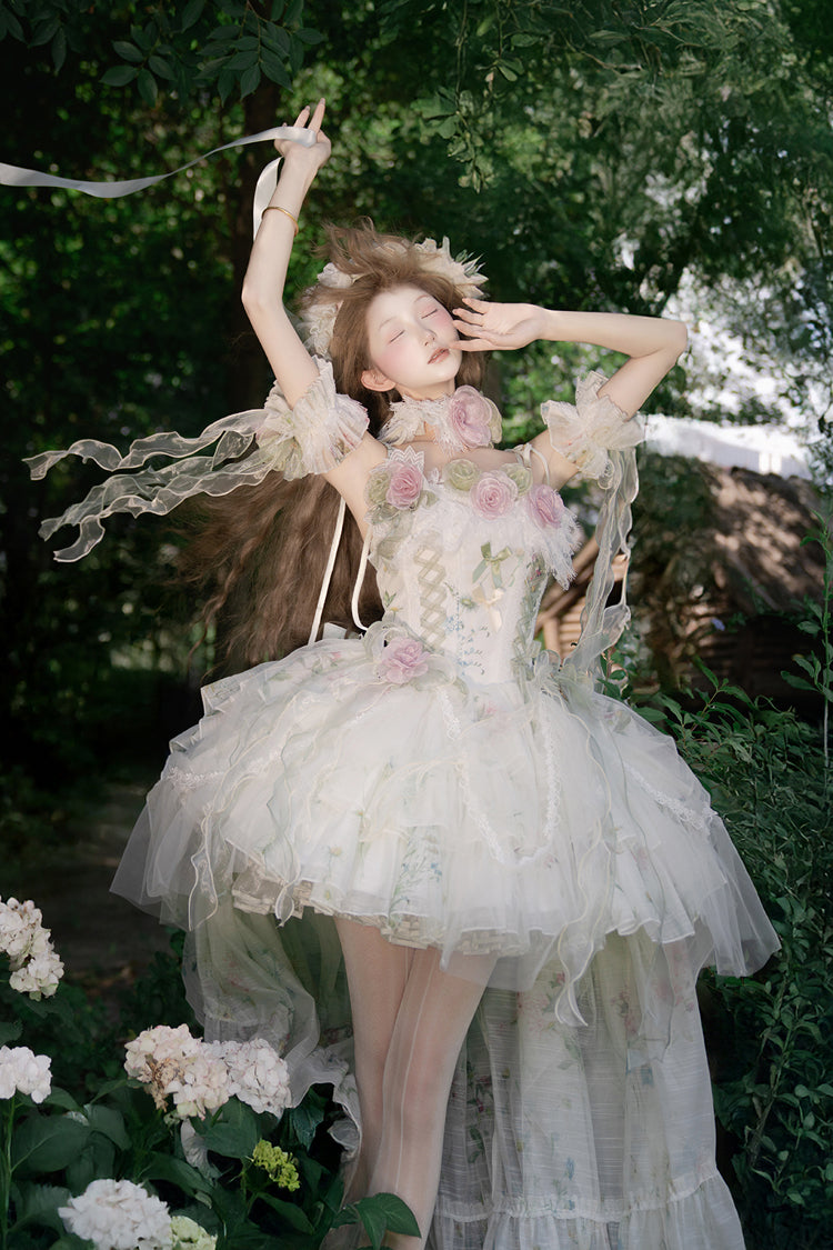 Green [Spring Rose] Sleeveless Multi-Layered Bowknot Lace-Up Fishbone Sweet Lolita Jsk Dress