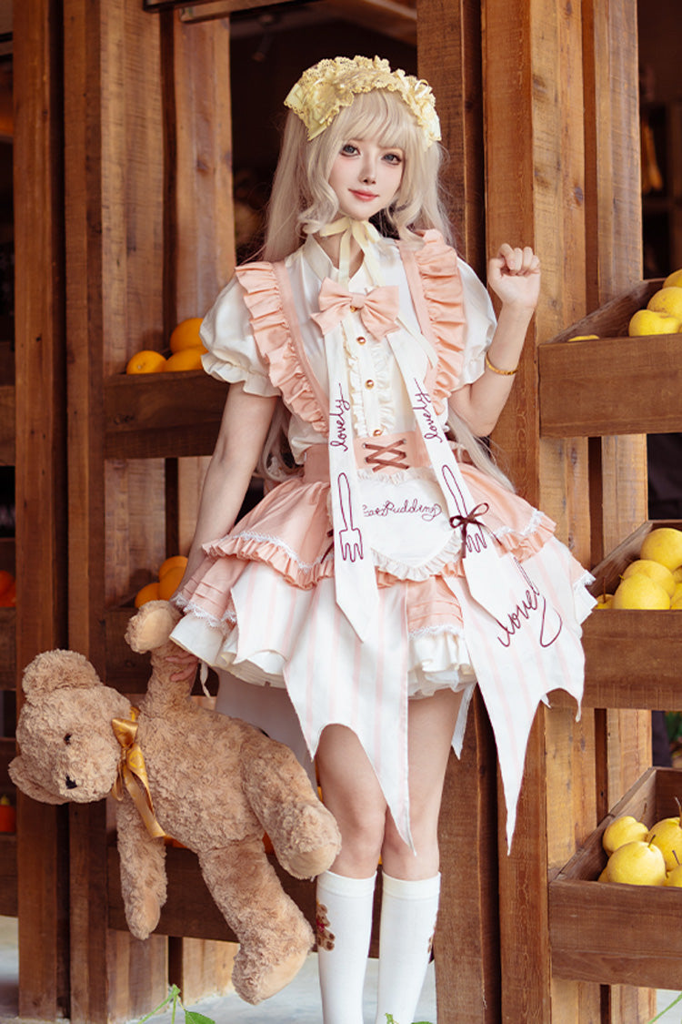[Fruit Pudding] Vertical Lines Print Bowknot Irregular Sweet Lolita Dress 2 Colors