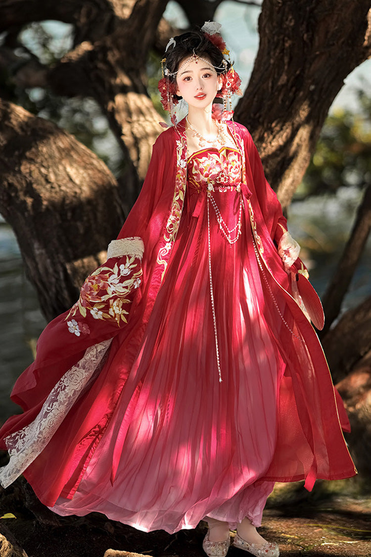 Red [Goddess Of The Peony] Long Sleeves High Waisted Printed Embroidered Women's Classic Luxurious Hanfu Set