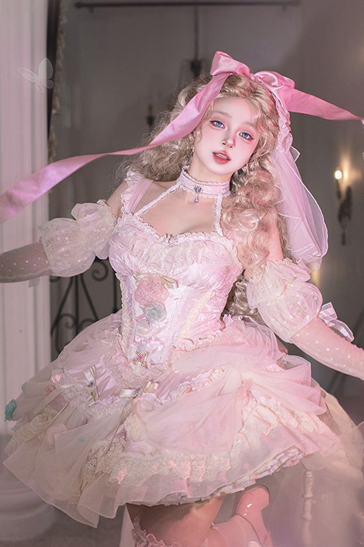 Pink [Dream Garden] Ruffle Hanayome Embroidery Bowknot Lace Fishbone Sweet Princess Gorgeous Lolita Jsk Dress