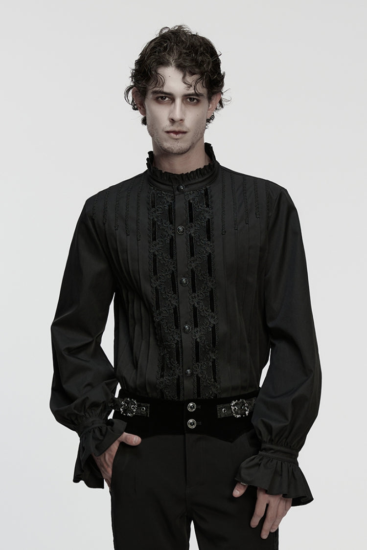 Black Stand Collar Long Sleeves Ruffle Embroidery Pleated Men's Gothic Blouse
