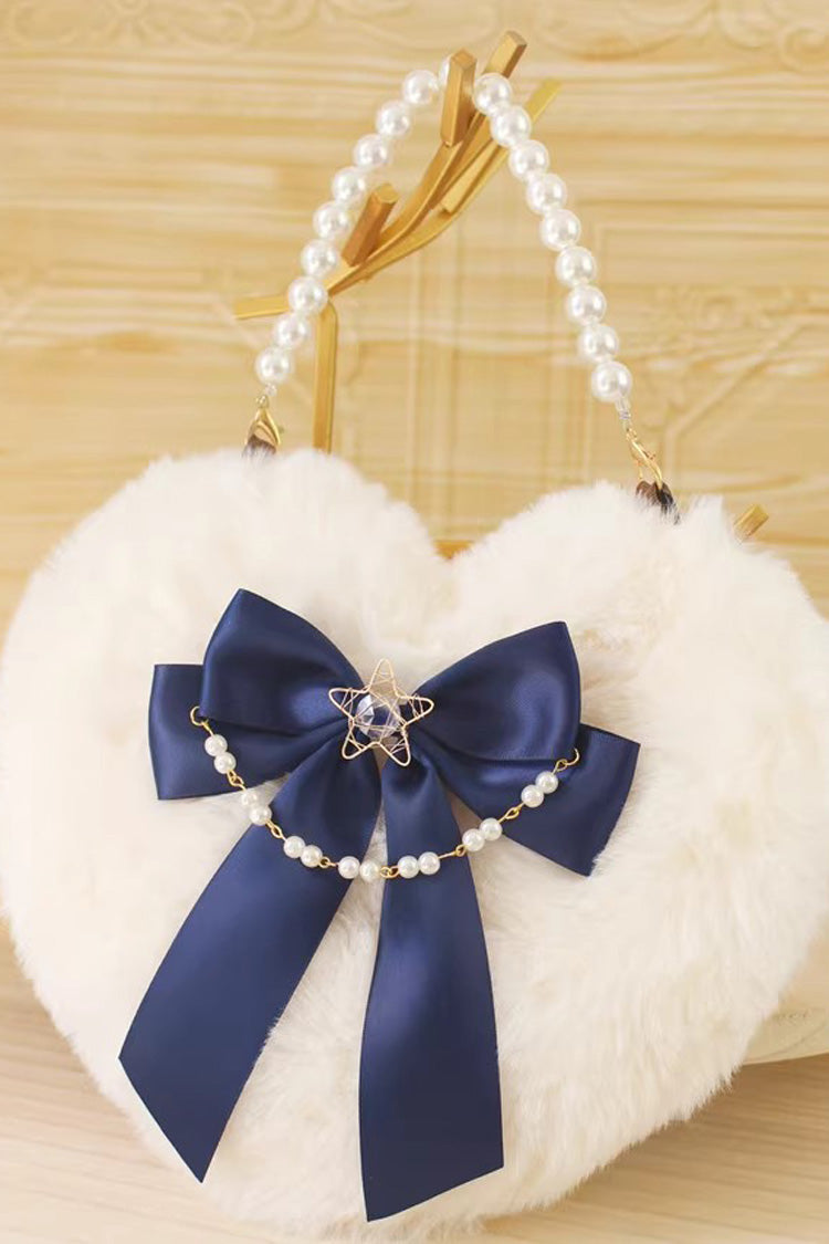 Sac à main Lolita doux avec nœud papillon en forme de cœur duveteux et perles, 17 couleurs 